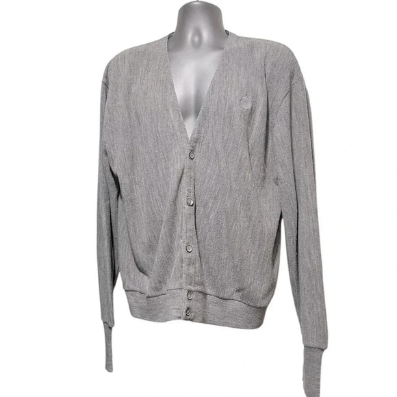 Vintage IZOD Gray Cardigan Sweater 90s Crest Varsity Grandpa Dad USA Mens XL - Picture 1 of 9